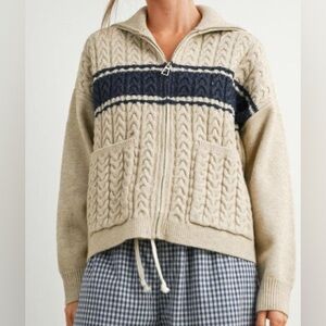 Beige and Navy Zip-Up Cable Knit Cardigan